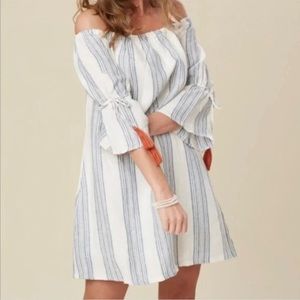 Altar'd State Gretchen Linen Stripe Tassle Off Shoulder Dress SZ S